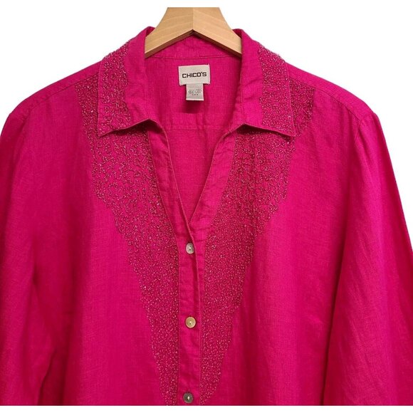 Chicos Linen Tunic Womens 3 Fuchsia Pink Beaded Button Front Lagenlook R… - Picture 3 of 7